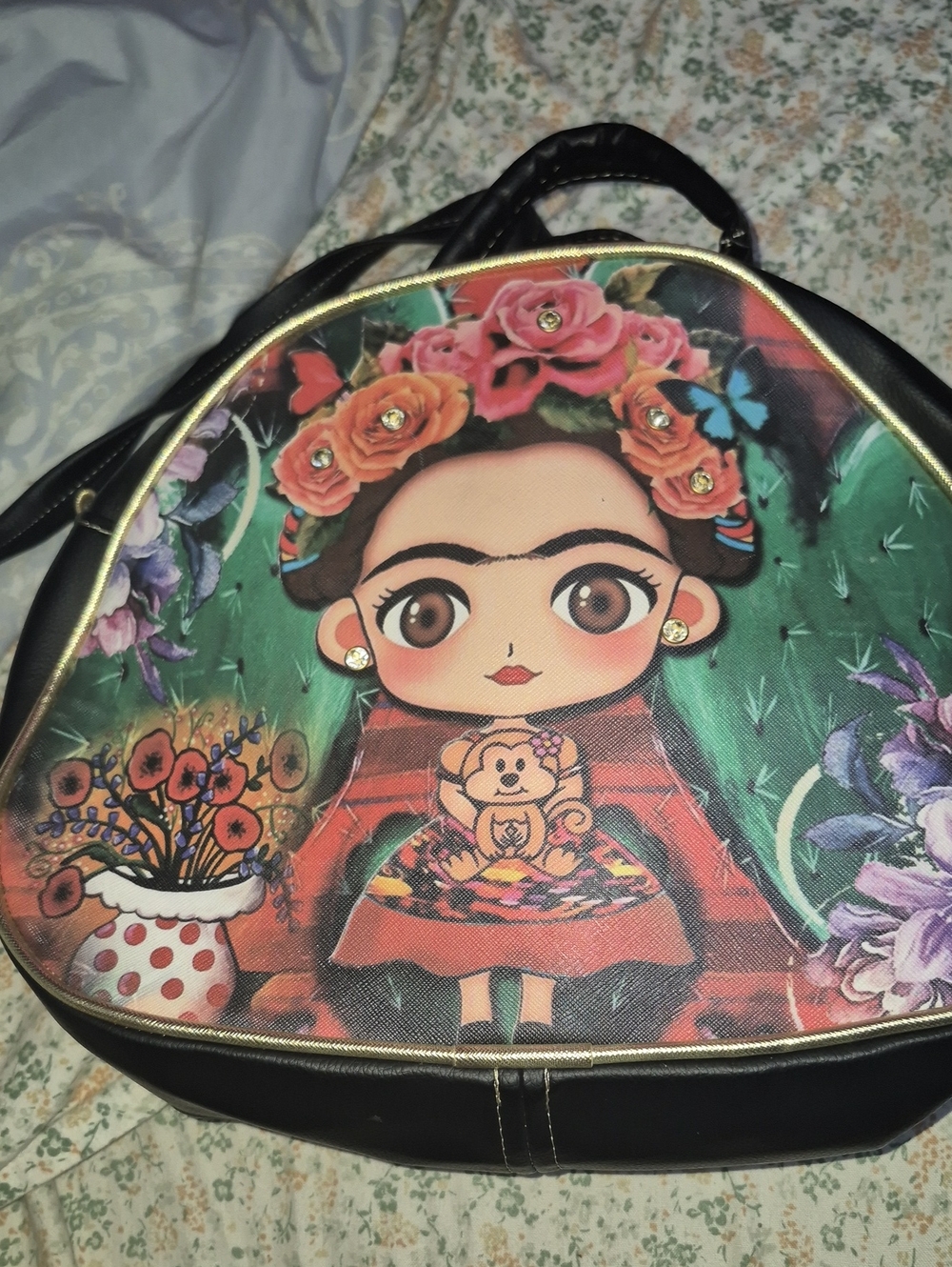 Frida-Inspired Floral Print Round Crossbody Bag in Black and Green